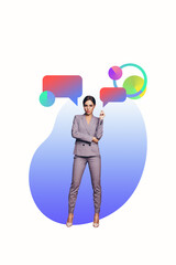 Trend image vertical photo collage of serious girl stand colorful bubble notification wear formal plaid suit speech chatterbox