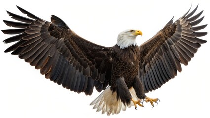 Obraz premium Majestic bald eagle soaring with wings fully extended, isolated on white background, showcasing powerful feathers and sharp talons.