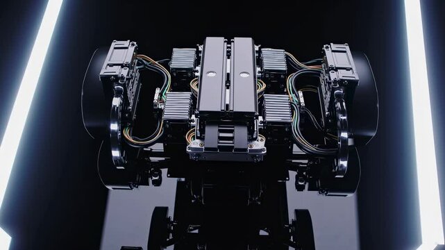Modern electric vehicle chassis, featuring advanced battery packs, complex wiring, and robust motors, is displayed on a reflective black surface, illuminated by futuristic neon lights