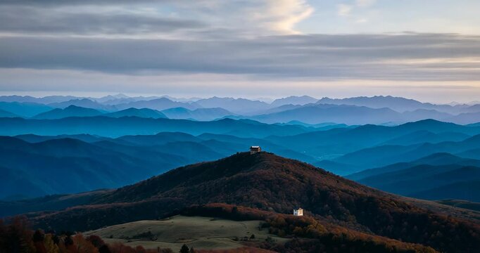 A breathtaking perspective showcases the far-off mountains embellished with vivid autumn hues beneath a gentle, cloud-laden sky.