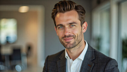 Fototapeta premium A portrait headshot photo of a friendly professional CEO executive business worker: A handsome man in a suit and open-collared shirt looks directly at the viewer with a slight smile in a modern, 