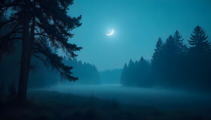 Misty Forest Lake at Night with Crescent Moon Tranquil Nature Scene