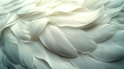 Soft white bird feathers close-up, textured background