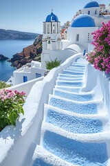 Obraz premium Santorini Steps with Blue Domes, and Greece.
