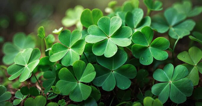 Close-up of lively green clover leaves illuminated by gentle natural light, ideal for nature and eco-related projects.