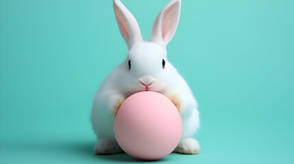 Obraz premium White Easter Bunny Holding Pink Egg Against Teal Background