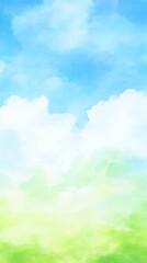 Fototapeta premium Vibrant abstract sky, serene blue and white clouds blending into soft green meadow, suitable for backgrounds and inspirational themes.