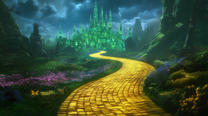 Enchanted yellow brick road leading to magical emerald city in springtime , Fantasy, Oz, Magicians 