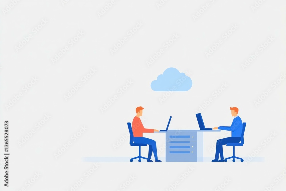 Poster two men working together at desks with laptops in a modern office setting, showcasing teamwork and c