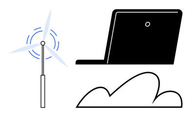 Wind turbine generating energy, laptop symbolizing tech innovation, cloud representing storage. Ideal for sustainability, renewable energy, green innovation, eco-technology, energy storage, global