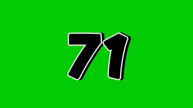 Number 71 symbol sign animation motion graphics cartoon on green screen background. Black color number reveal on smoke,for video number for video elements