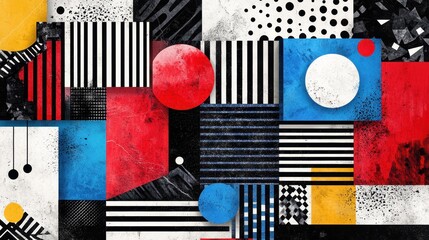 Abstract geometric art; red, blue, white shapes; textured background; design element