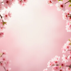 Fototapeta premium Delicate sakura flowers bloom beautifully, soft pink petals framing serene blank background that evokes feelings of peace and rejuvenation. Blossoms and subtle hue creates a captivating harmony. AI