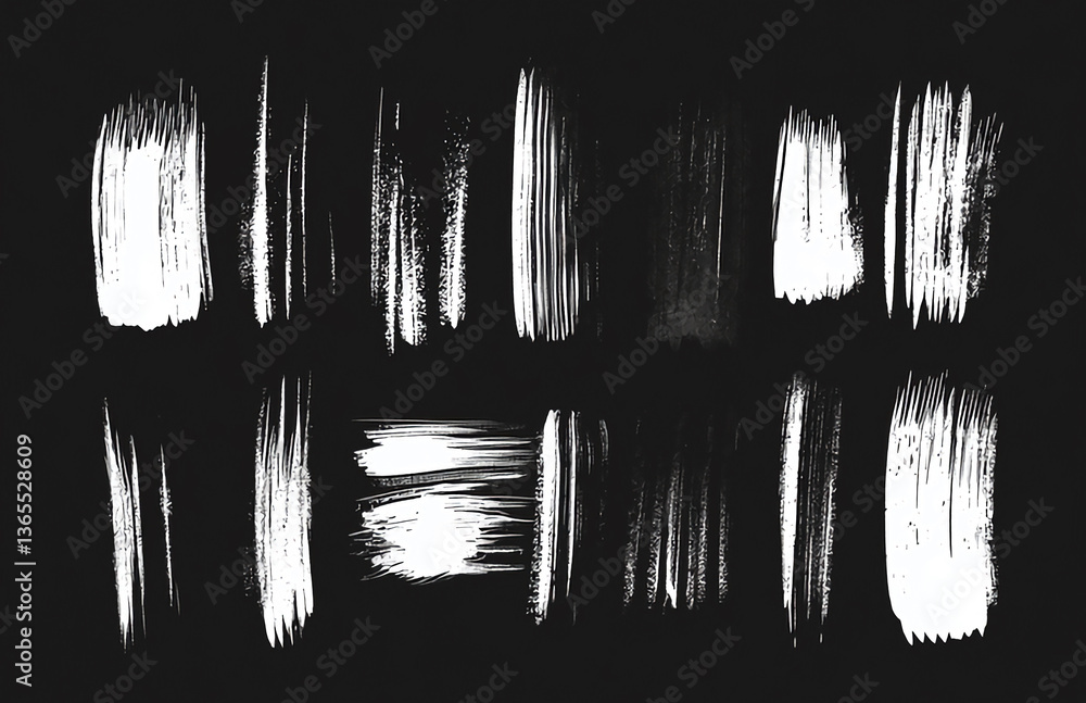 Poster a collection of white brush strokes on a black background creating an abstract design element set