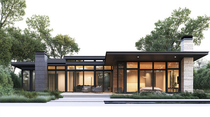 Modern house with large windows surrounded by trees, creating serene atmosphere