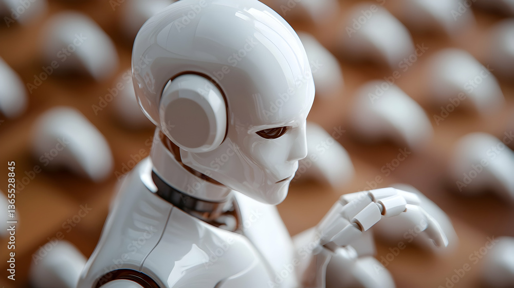 Poster close-up of a white robot playing a game surrounded by many others