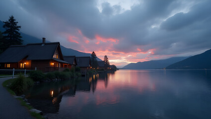 Obraz premium background of dusk and cloudy sky in a village on the edge of a lake