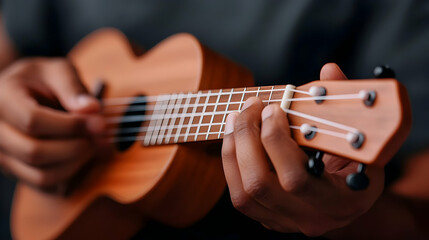 Obraz premium Close Up of Hands Playing a Brown Ukulele