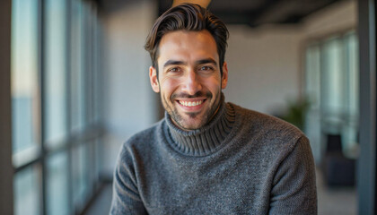 Obraz premium A portrait headshot photo of a friendly professional CEO executive business worker: A smiling man with a beard and wearing a gray turtleneck sweater looks directly at the camera in a modern, well