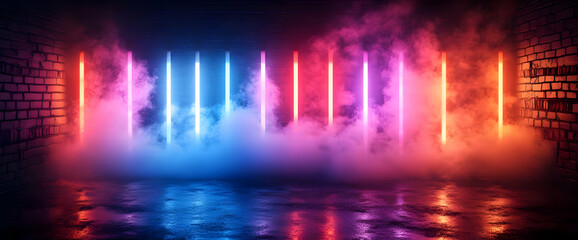 Neon Glowing Lines In Dark Room With Foggy Effect