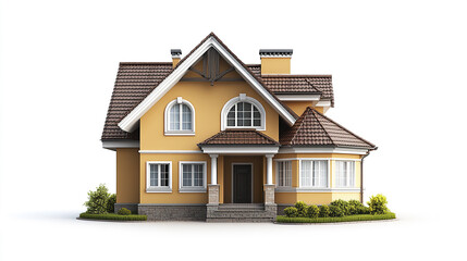 Charming yellow house with brown roof and lush greenery