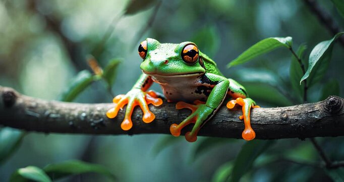 Black-webbed tree frog perched on a branch of a tree