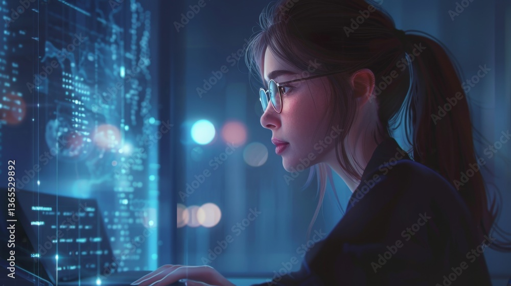Poster data analyst utilizing ai for forecasting and business intelligence insights in a modern office sett