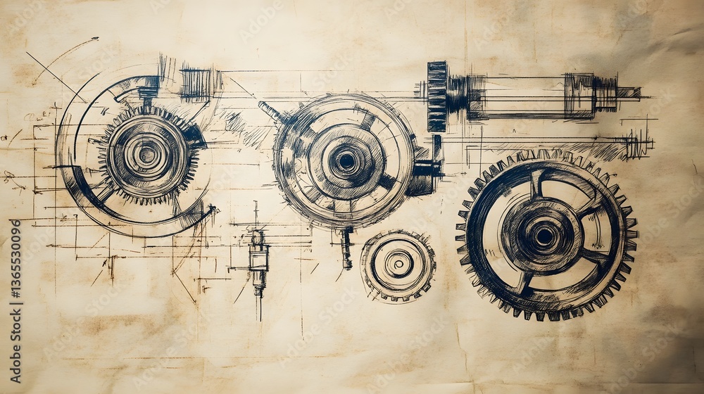 Poster detailed sketch of mechanical gears and components on aged paper, illustrating engineering design co