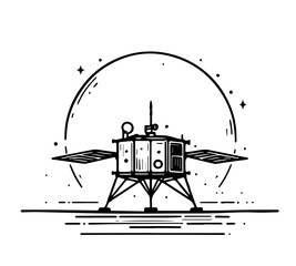 black and white vector of lunar lander with stars and moon backdrop in vintage line art style