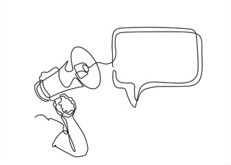 Continuous one line drawing of hand holding  megaphone and speech bubble. Editable stroke. Doodle outline vector illustration