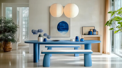 minimalist and Japandi interior design living room. Dining room with blue table and bench