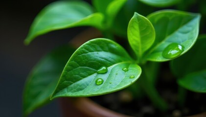 Close-up peperomia leaves, water droplets, stylish planter, healthy, leaves