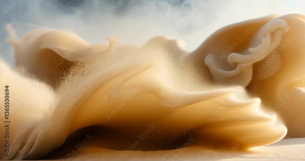 Poster blurred defocused image of small fine sand flying in an explosion, golden grains erupting in a wave.