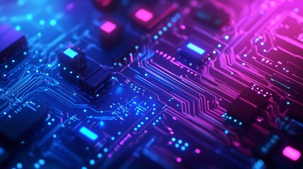 Obraz premium Blue and Purple Futuristic Digital Circuit Board With Glowing Neon Lights and Abstract Tech Design