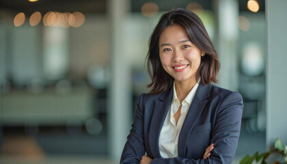 A portrait headshot photo of a friendly professional CEO executive business worker: A smiling Asian businesswoman with short dark hair confidently poses with her arms crossed in a modern office l