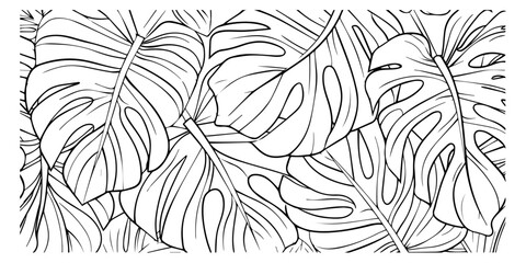 black and white vector seamless pattern of monstera leaves in hand-drawn tropical outline style © Luka