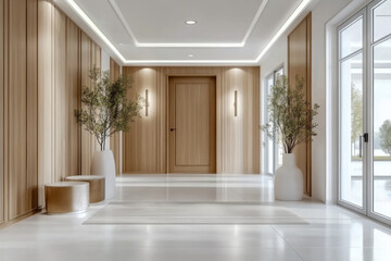 entrance hall with door and wooden paneling walls  Elegant interior design of modern