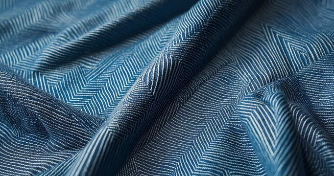 Multicoloured linen weave fabric texture in blue twill with a herringbone pattern.