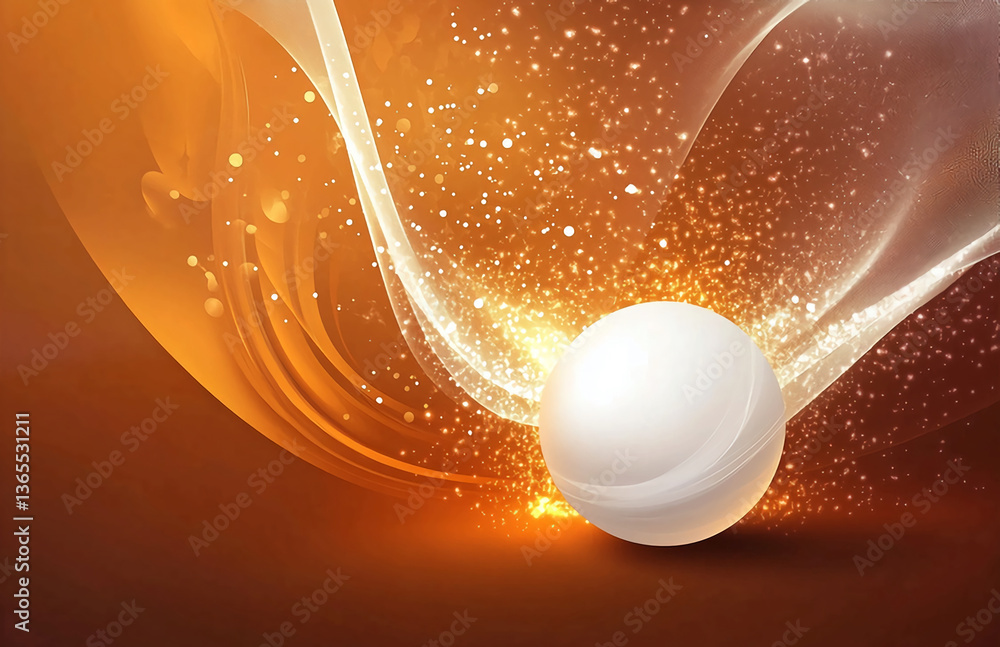 Poster a white sphere with light effects and golden background with flowing translucent shapes design eleme