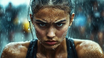 Fototapeta premium Determined Athlete With Intense Expression Training in Rain Representing Resilience and Strength