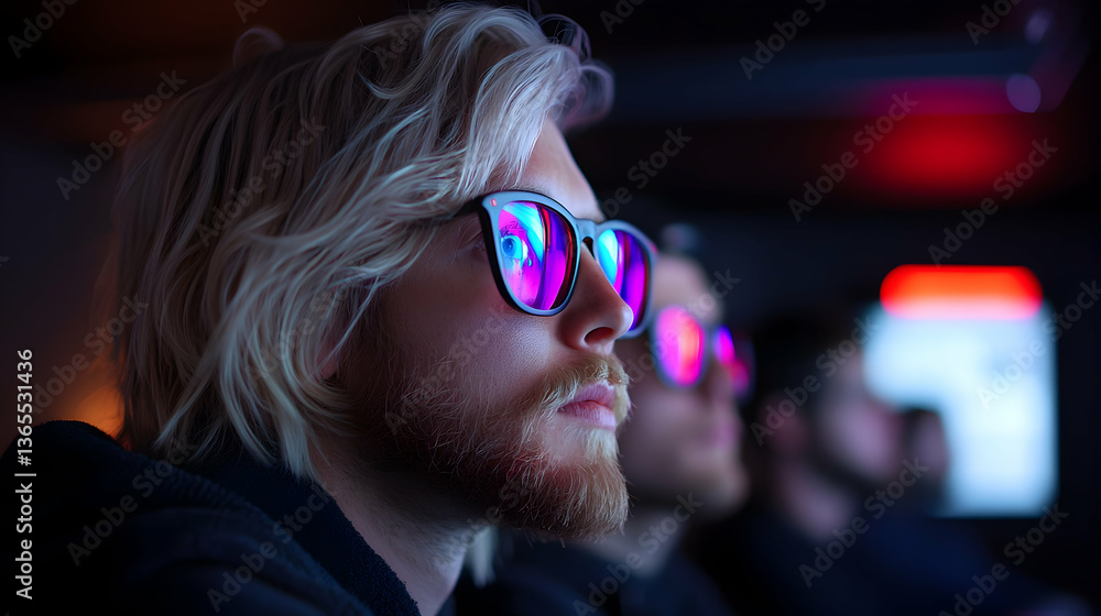 Poster focused male programmer reviewing colorful code projection