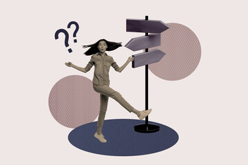 Poster trend sketch template 3D photo collage of young lady walk question signpost road way...