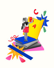 Conceptual art design. Girl pointing to alphabet letters while standing on books, symbolizing early learning, discovery, academic start. Concept of preschool, back to school, literacy.