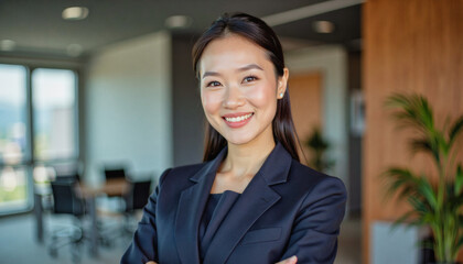 A portrait headshot photo of a friendly professional CEO executive business worker: A smiling Asian businesswoman in a dark suit confidently poses with her arms crossed in a modern office lobby.