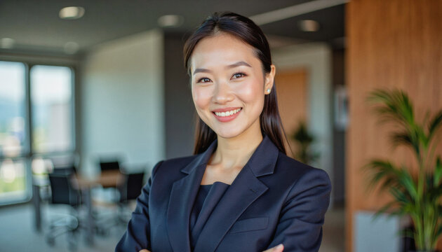 A portrait headshot photo of a friendly professional CEO executive business worker: A smiling Asian businesswoman in a dark suit confidently poses with her arms crossed in a modern office lobby.