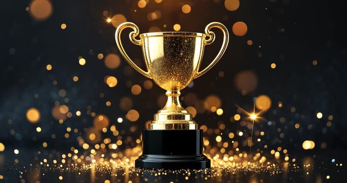 Champion golden trophy set against a black background. Idea of success and accomplishment.