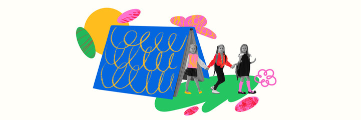 Conceptual artwork. Girls walking through tunnel made of notebook, symbolizing transition, imagination, educational journey. Concept of back to school, creativity, school adventure.