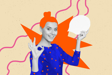 3D collage trend artwork of coloring hairstyle young lady smile hand gesture okay finger sign...