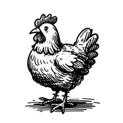 black and white vector of a standing hen in rustic hand-drawn engraving style
