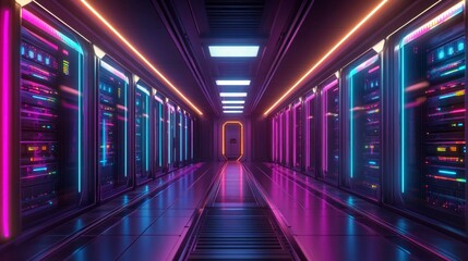 Futuristic Data Center Interior With Neon Lights, High-Tech Innovation